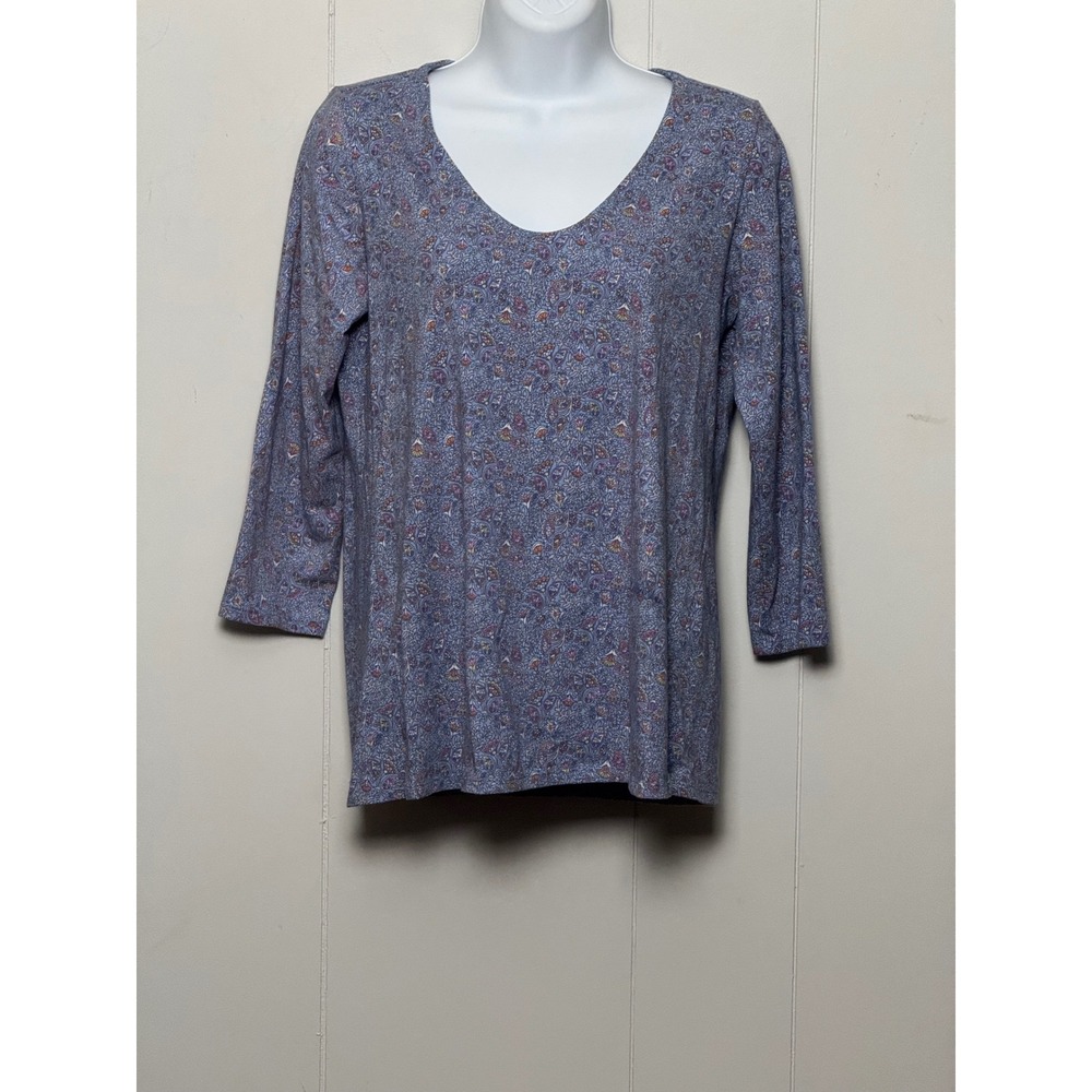 J. Jill Forward-Seam Tee Blue Paisley Floral V-Neck 3/4 Sleeve Top Size XS